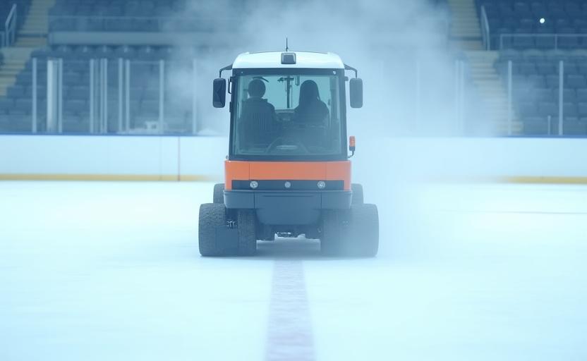 Modern electric ice resurfacing machine smoothing the rink surface.